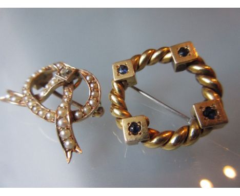 15ct Gold split pearl and diamond set bow brooch and a sapphire set rope twist brooch