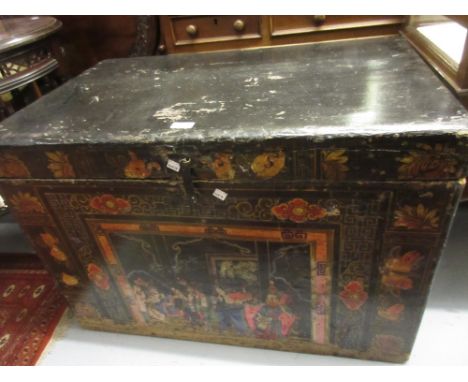 Late 19th / early 20th Century Chinese black lacquered trunk, the front decorated with figures and floral borders (a/f)