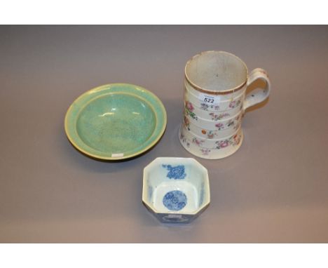 Chinese blue and white octagonal bowl, a Celadon dish and an antique Chinese ceramic tankard (at fault)