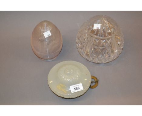 Cut glass lamp shade, a moulded glass lamp shade and an opaque glass lamp shade