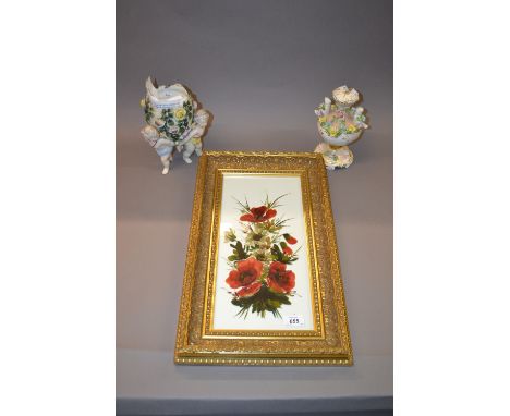 Sitzendorf cherub vase together with a porcelain lamp base and a Victorian painted on glass rectangular framed panel