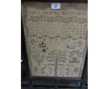 19th Century needlework sampler with figures and animals, dated 1825, mounted in an ebonised firescreen frame