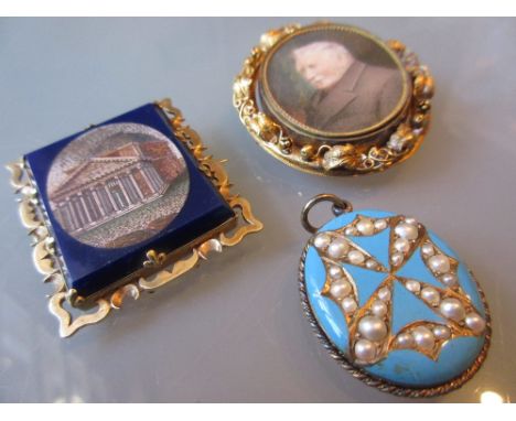 Victorian pinchbeck swivel brooch set with a miniature portrait opposed by a cameo, together with a small Victorian micromosa