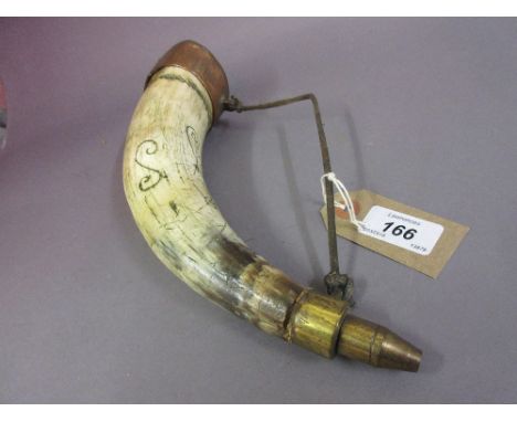 Metal mounted cow horn powder flask with etched decoration