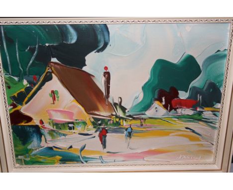 Small Continental oil on board, figures before houses in a landscape, modern gilt framed print, Continental town scene and th