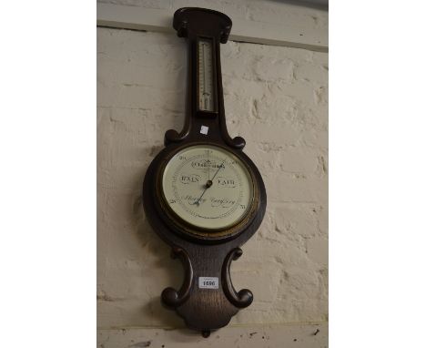 Victorian oak aneroid barometer / thermometer