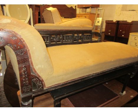 19th Century mahogany chaise longue having carved decoration on turned tapering supports with brass and ceramic casters (for 