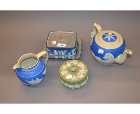 Wedgwood blue and white Jasperware sardine dish with silver plated cover and stand together with a similar lidded jar and two