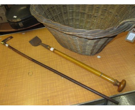 Horn handled Malacca walking stick, an oval two handled basket and an iron cutting tool with long turned wooden handle