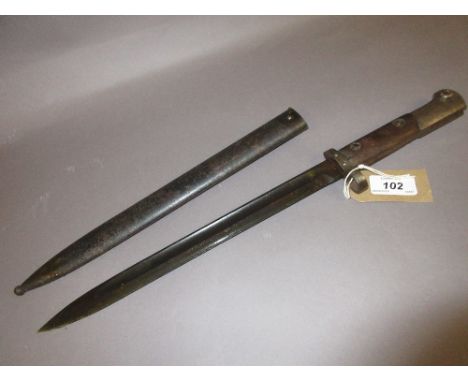 Enfield bayonet with steel scabbard and wooden handle grip, marked CSZA