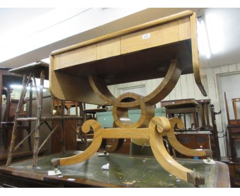 Bleached walnut drop-leaf sofa table with two frieze drawers and shaped support with swept legs having brass paw caps and cas