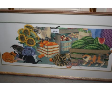 Kathryn Naylor, artist's signed coloured print, ' The Market ', together with a framed coloured print of the Champs Elysees 