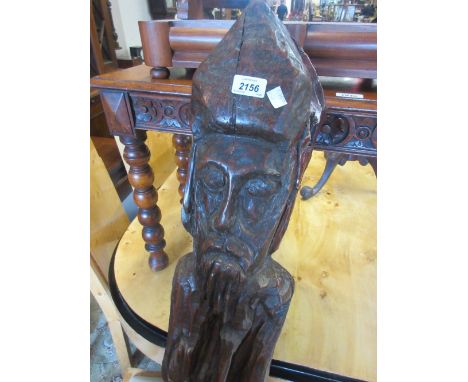 Large carved oak figure of a Medieval bearded man with a walking stick 38ins high