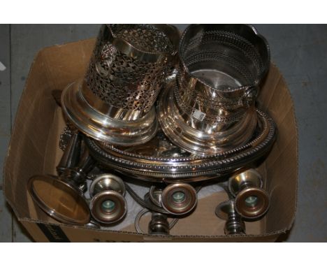 Pair of plated on copper three light candelabra, pair of plated entrée dishes, two bottle coasters and sundries