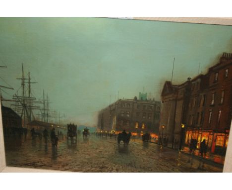 J. Breieton, oil on canvas, figures and carriages in a lamp lit street scene by a quayside, signed, 11ins x 15ins