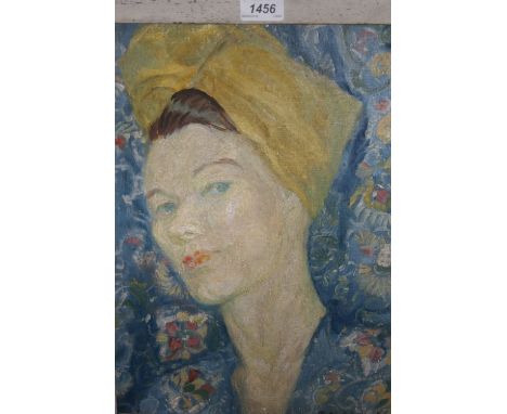 Cynthia McCracken (S. S. W. A.), signed oil on canvas, portrait of a lady with a yellow head scarf, exhibition label verso, 1