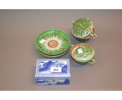 Oriental blue and white rectangular box with cover decorated with buildings within a landscape having character mark to inner