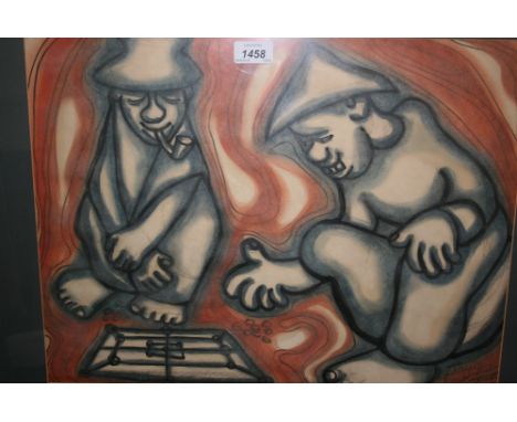 James Dorothy, signed South African ink and watercolour, two figures playing a board game, 15ins x 19.5ins