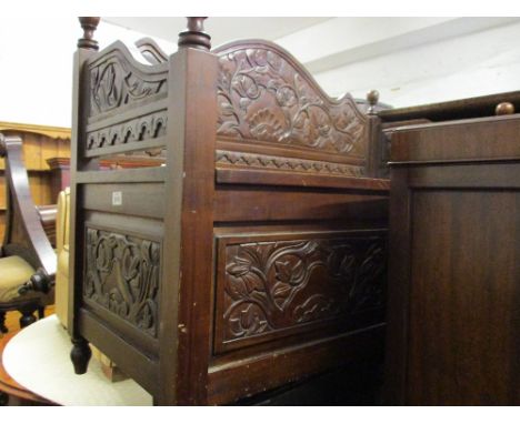 Modern Far Eastern carved hardwood hall bench with box seat, together with a pair of modern stick back chairs