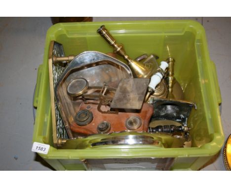 Pair of brass postal scales with weights on a mahogany base, pair of brass candlesticks, two brass kettles and a copper kettl