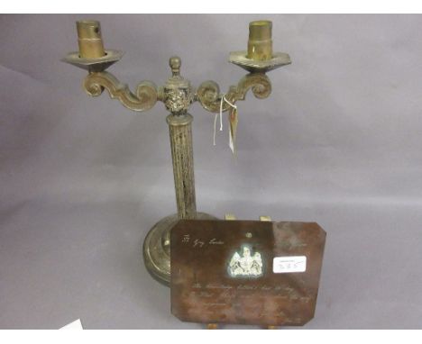 Silver plated two branch marine table lamp, together with a copper plaque to Grey Leader from Juniper on stand