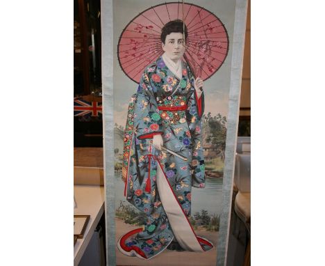 20th Century oriental scroll picture of a European lady in traditional Chinese dress mounted on a bone scroll, unsigned