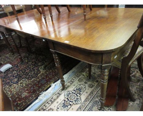 19th Century mahogany dining table, the centre section with a centre pedestal and tripod, the D-ends with ring turned taperin