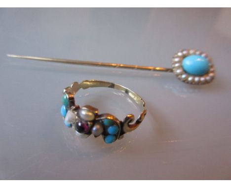 Victorian ruby seed pearl and turquoise set ring together with a turquoise and seed pearl stick pin