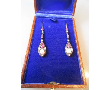 Pair of pearl, diamond and ruby drop earrings