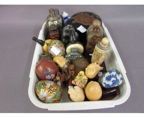 Collection of Chinese carved hardstone, enamel and vegetable ivory snuff bottles, figures etc., together with a Japanese circ