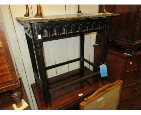 19th Century carved oak Derbyshire style side chair, together with a carved oak rectangular occasional table on square cut su