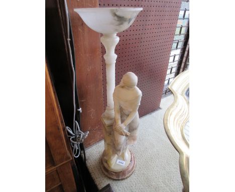 Large late 19th / early 20th Century alabaster table lamp base in the form of a continental lady holding a tambourine resting