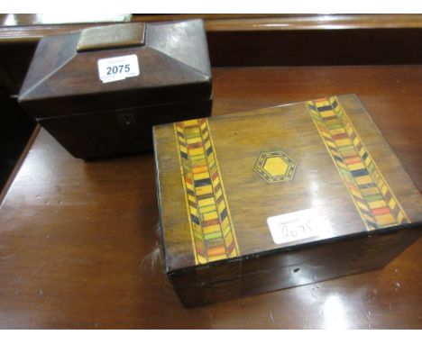 Small 19th Century mahogany sarcophagus shaped tea caddy, a walnut and Tunbridge inlaid box, together with two other boxes