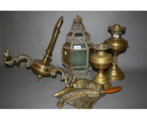 20th Century three branch brass hanging chandelier, two brass oil lamps (no shades), modern hanging lantern and a brass crumb