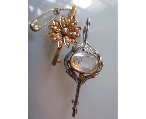 Edwardian yellow gold split seed pearl flowerhead bar brooch with guard chain and a silver bar brooch