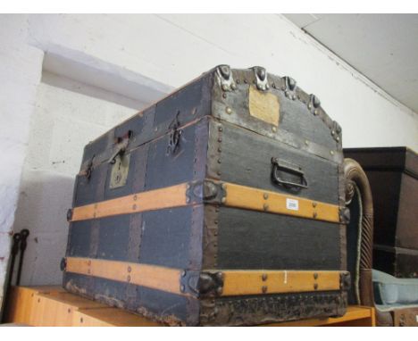 Small 19th Century wooden banded rexine covered dome top trunk