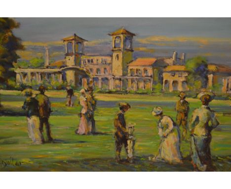 Michael D' Aguilar, oil on canvas, figures in period costume playing golf before a villa, signed, inscribed verso ' An Club d