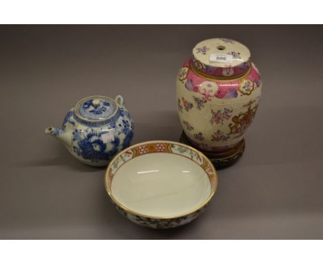 Samson porcelain armorial lamp base, famille vert bowl (at fault) and a blue and white teapot