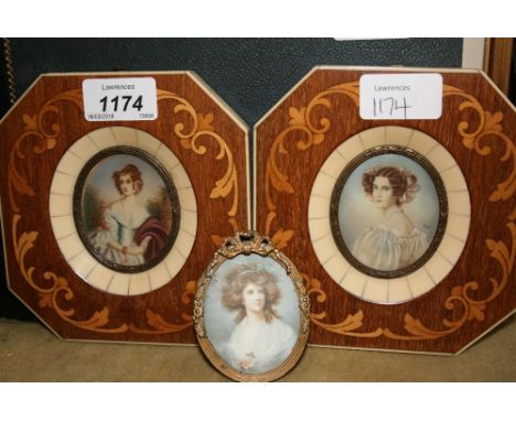 Pair of early 20th Century portrait miniatures of ladies in inlaid octagonal frames together with an oval gilt metal framed p