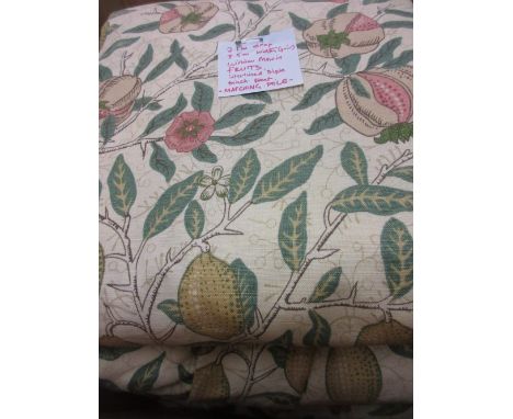 Pair of floral print curtains with pole finials, rings and brass brackets
