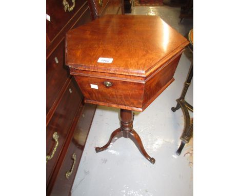 Victorian mahogany hexagonal work table with a turned column support and tripod base