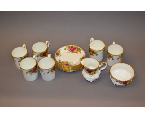 Set of six Royal Albert Old Country Roses pattern coffee cans with saucers together with cream jug and sugar basin