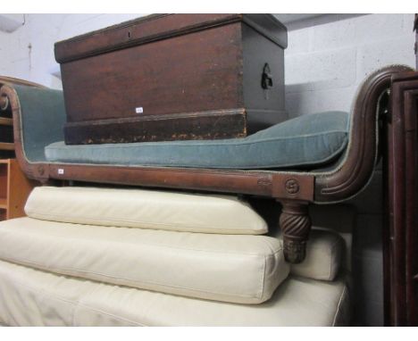 Regency mahogany upholstered and caned scroll end sofa (for restoration)