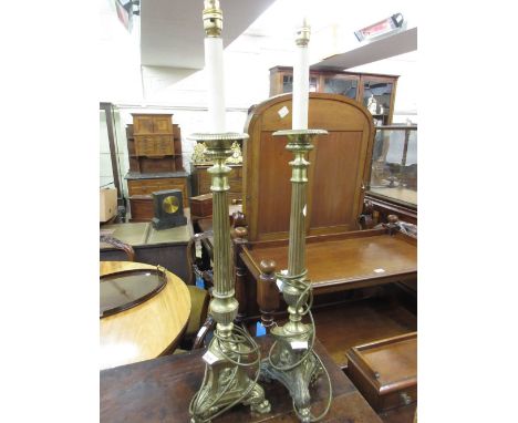 Pair of Dutch style brass table lamp bases with reeded columns and paw supports