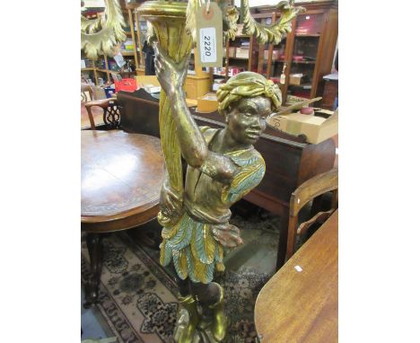 Pair of 20th Century carved and painted gilt wood Blackamoor figures with ten light candelabra tops