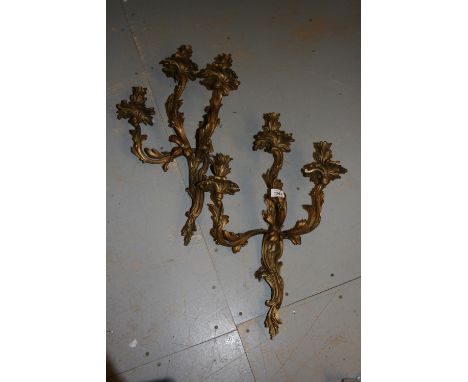 Pair of good quality early to mid 20th Century gilt brass three light wall sconces of rococo design