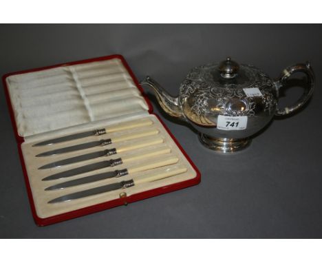 Victorian silver embossed teapot together with a set of silver plated fruit knives in fitted box