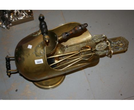19th Century brass coal scuttle with shovel and a quantity of brass fire tools