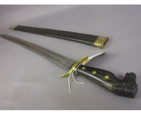 Short hunting sword with horn handle in the form of a horses head, having brass and leather scabbard, with 21.5in blade