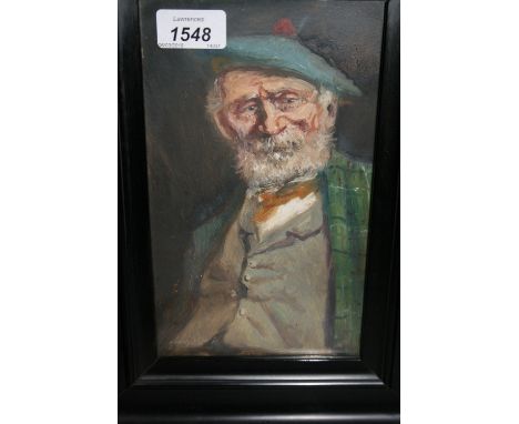 Henrie Pitcher, pair of small oil paintings on board, portrait of a bearded Scotsman wearing a tartan scarf and beret and a p